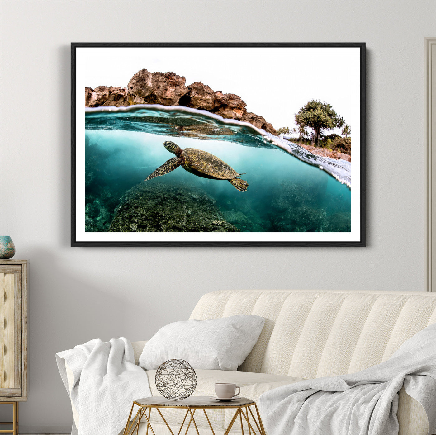 44200301-MGC-FP-36x24-Sea Turtle Wall Art Canvas Print, Framed Ocean Life Art Picture Print, Tropical Perfect Coastal
