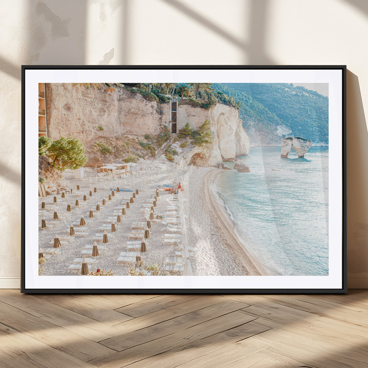 84816639-MGV-CV-36X24 - Sunny Beach Wall Art – Chairs & Umbrellas Canvas Print, Clear Water, Rocky Cliffs, Coastal Calm for Living Room or Vacation Home Decor