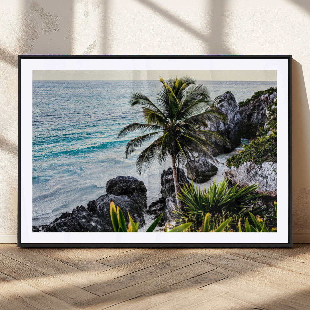 94669907-MGV-CV-36X24 - Tropical Palm Wall Art – Coastal Rocks Canvas Print, Ocean Breeze, Sandy Shore, Vibrant Green Foliage for Living Room or Beach House Decor