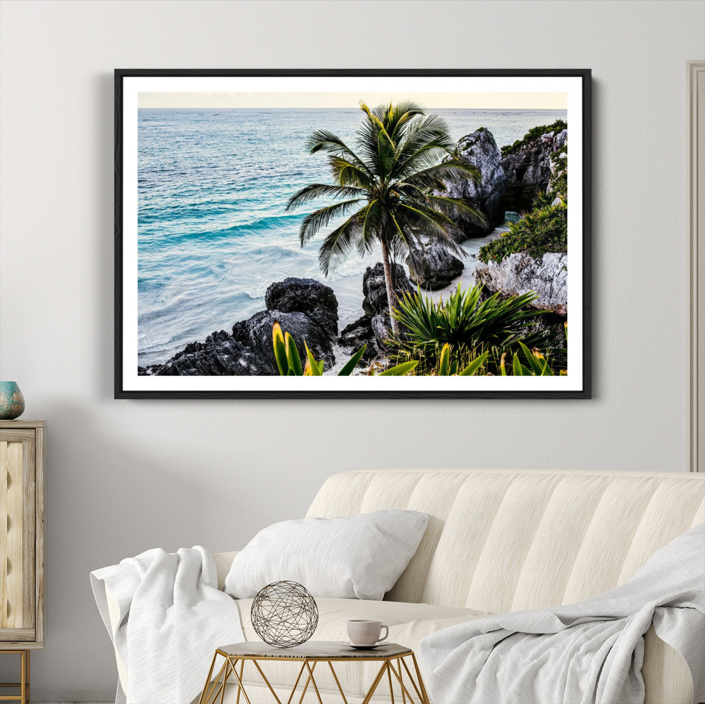 94669907-MGC-FP-36x24-Tropical Coastline Wall Art Canvas Print – Framed Palm Tree and Rocky Beach Scene Artwork for Home, Office Decor