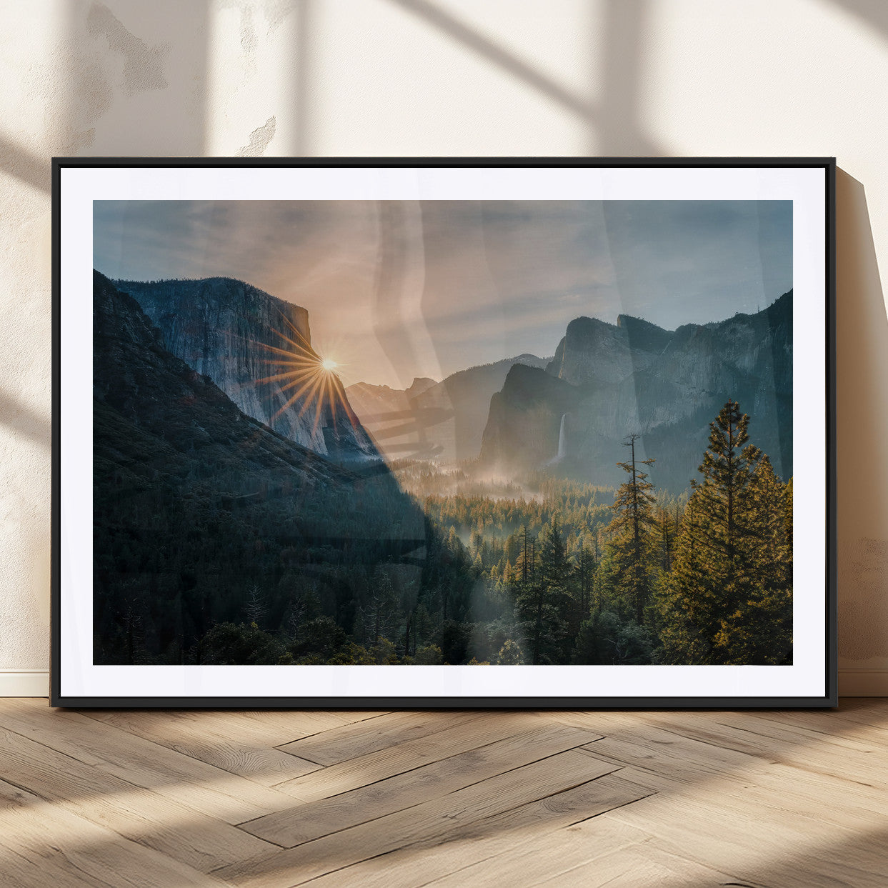 51605481-MGV-CV-36X24 - Yosemite Valley Wall Art – Misty Forest Peaks Canvas Print, Radiant Light, Tranquil Nature Landscape for Living Room or Cabin Decor