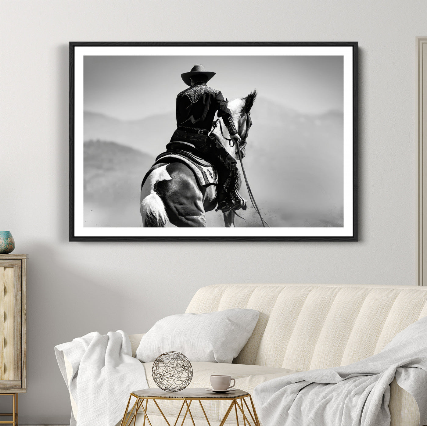 83102464-MGC-FP-36x24-Western Wall Art Canvas Print – Framed Cowboy and Horse Scene Artwork for Rustic Western Home, Office Decor