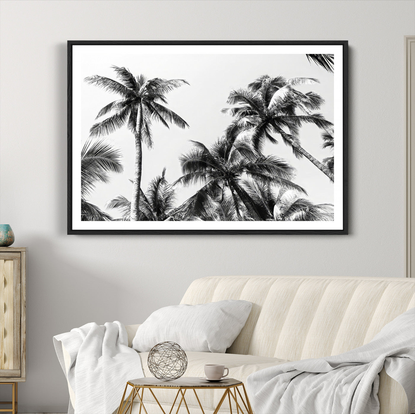 46641801-MGC-FP-36x24-Palm Wall Art Canvas Print, Framed Tropics Art Picture Print, Monochrome Perfect Minimalist Decor