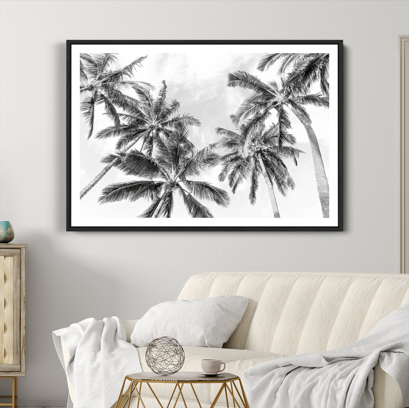 62113786-MGC-FP-36x24-Black and White Palm Wall Art Canvas Print – Framed Monochrome Tropical Beach Scene Artwork for Modern Home, Office Decor