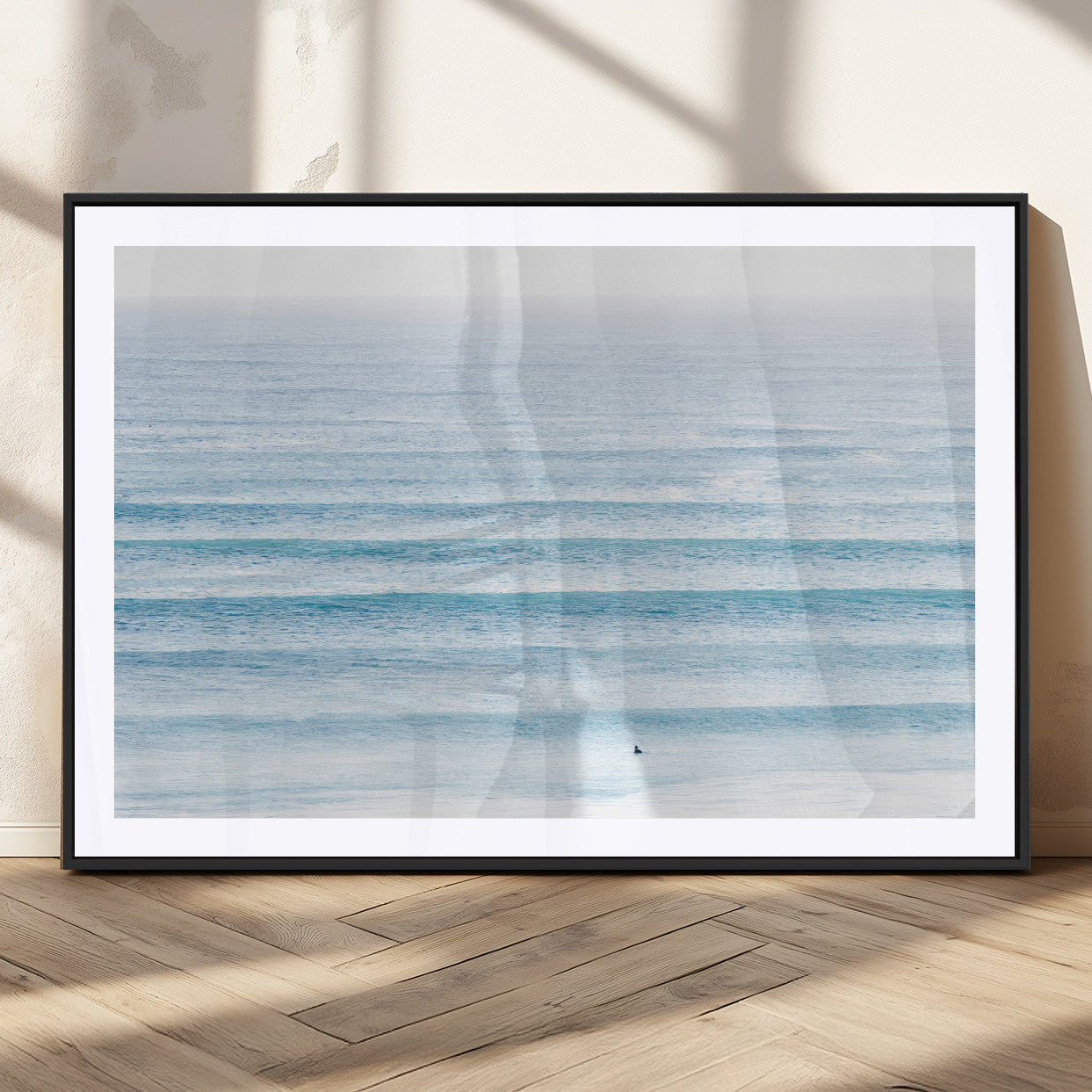 77145995-MGC-FP-36x24_Black-Ocean Wave Surfer Wall Art – Framed Minimal Seascape Canvas Artwork, Calm Blue Water Design, Coastal Decor for Home, Office
