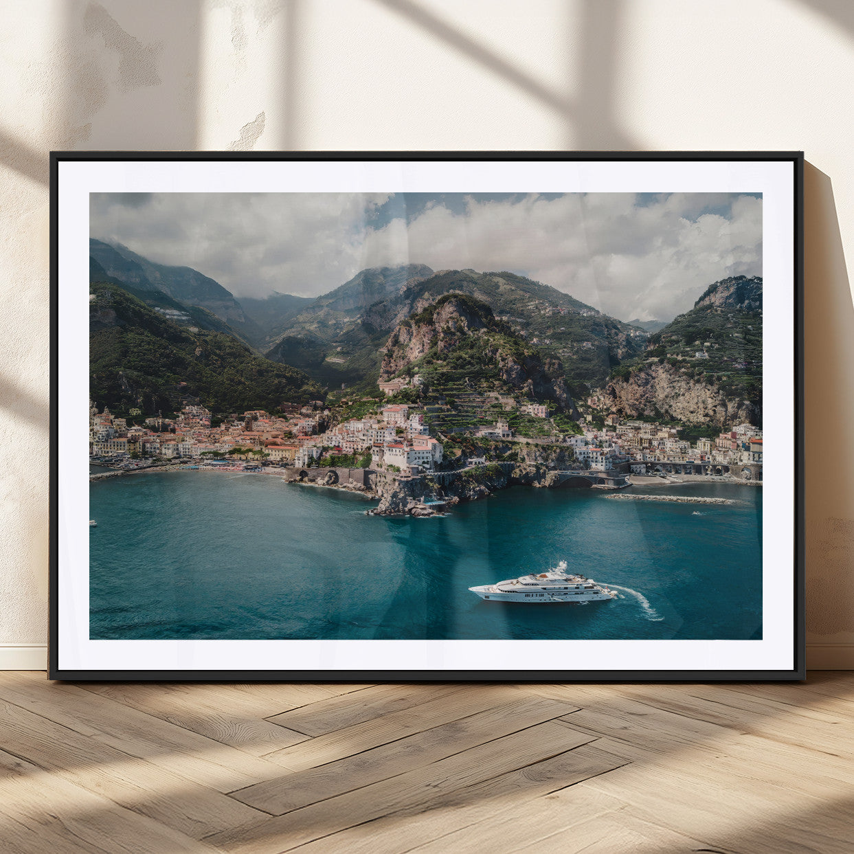 20321590-MGC-FP-36x24_Black-Amalfi Coast Wall Art – Framed Italian Seaside Canvas Artwork, Mediterranean Landscape Design, Coastal Decor for Home, Office