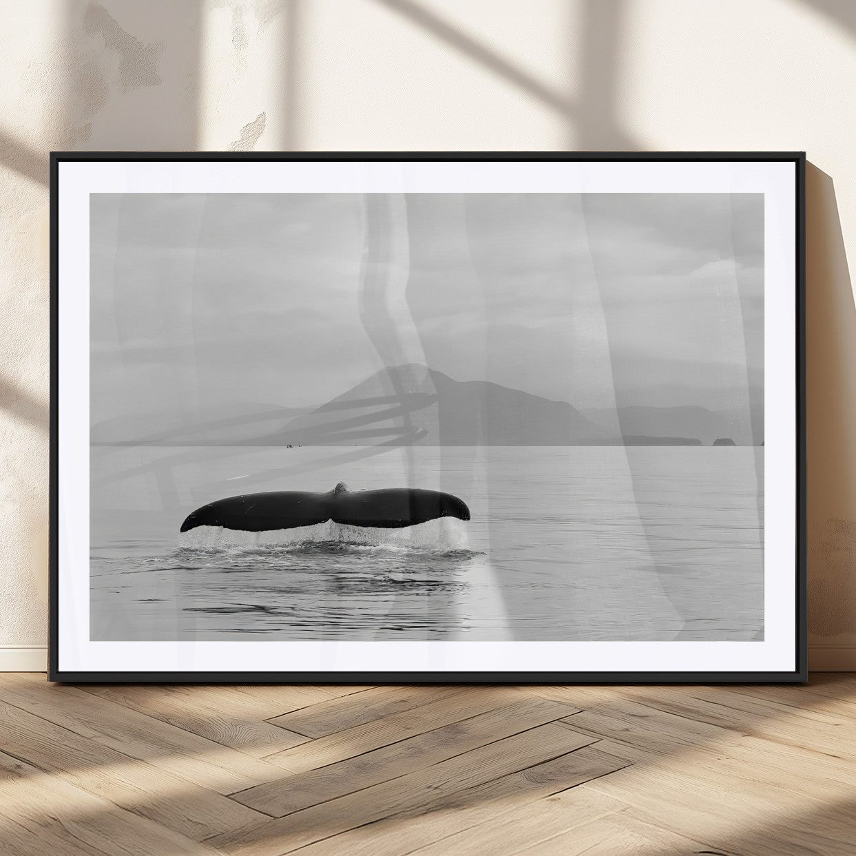 MGC-FP-36x24 - Whale Tail Wall Art Canvas Print, Framed Black White Ocean Art Picture Print, Calm Marine Perfect Minimalist Coastal Decor Artwork