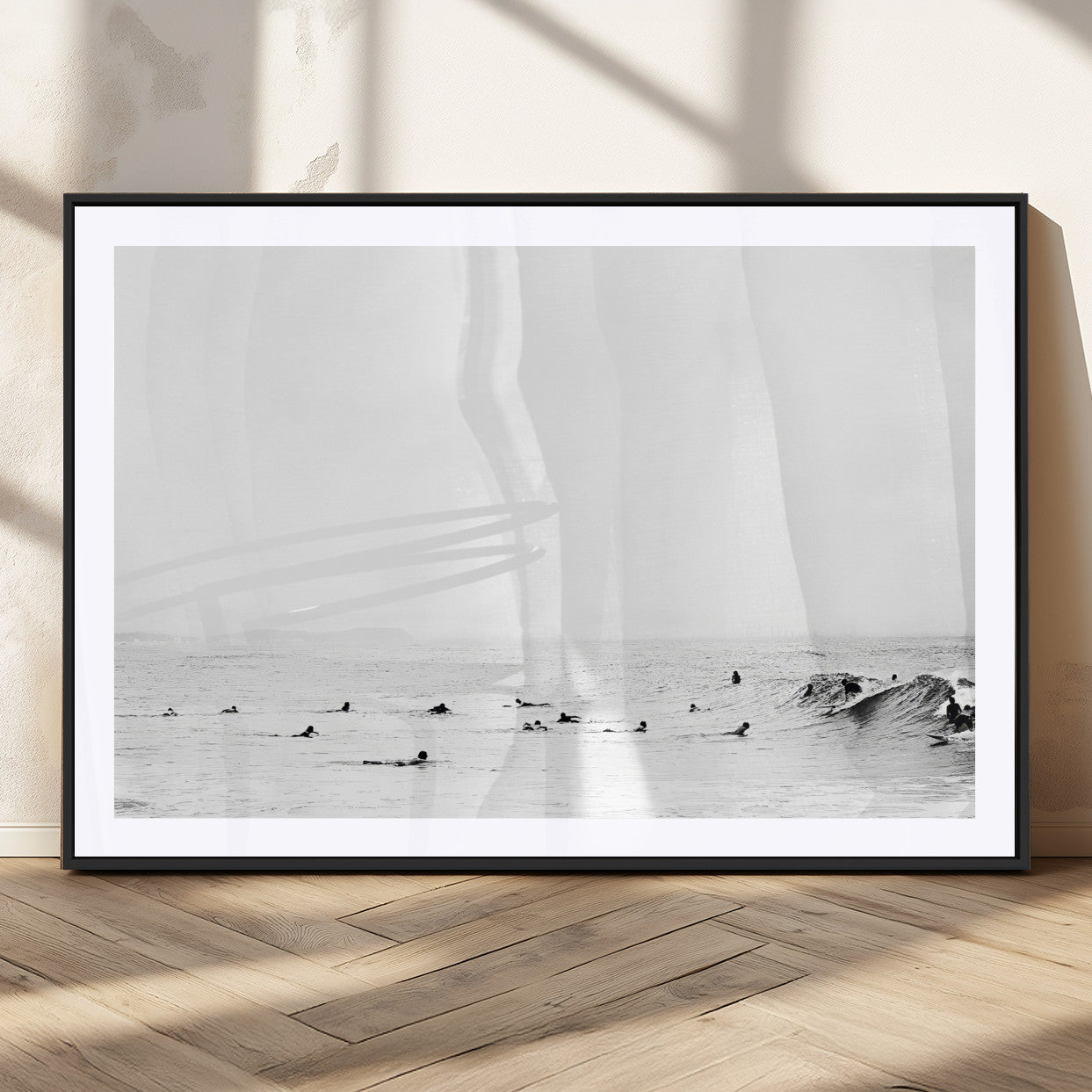 38441169-MGC-FP-40x30-Monochrome Swimming Wall Art Canvas Print – Framed Ocean Horizon Art Picture Moody Coastal Artwork for Home Office