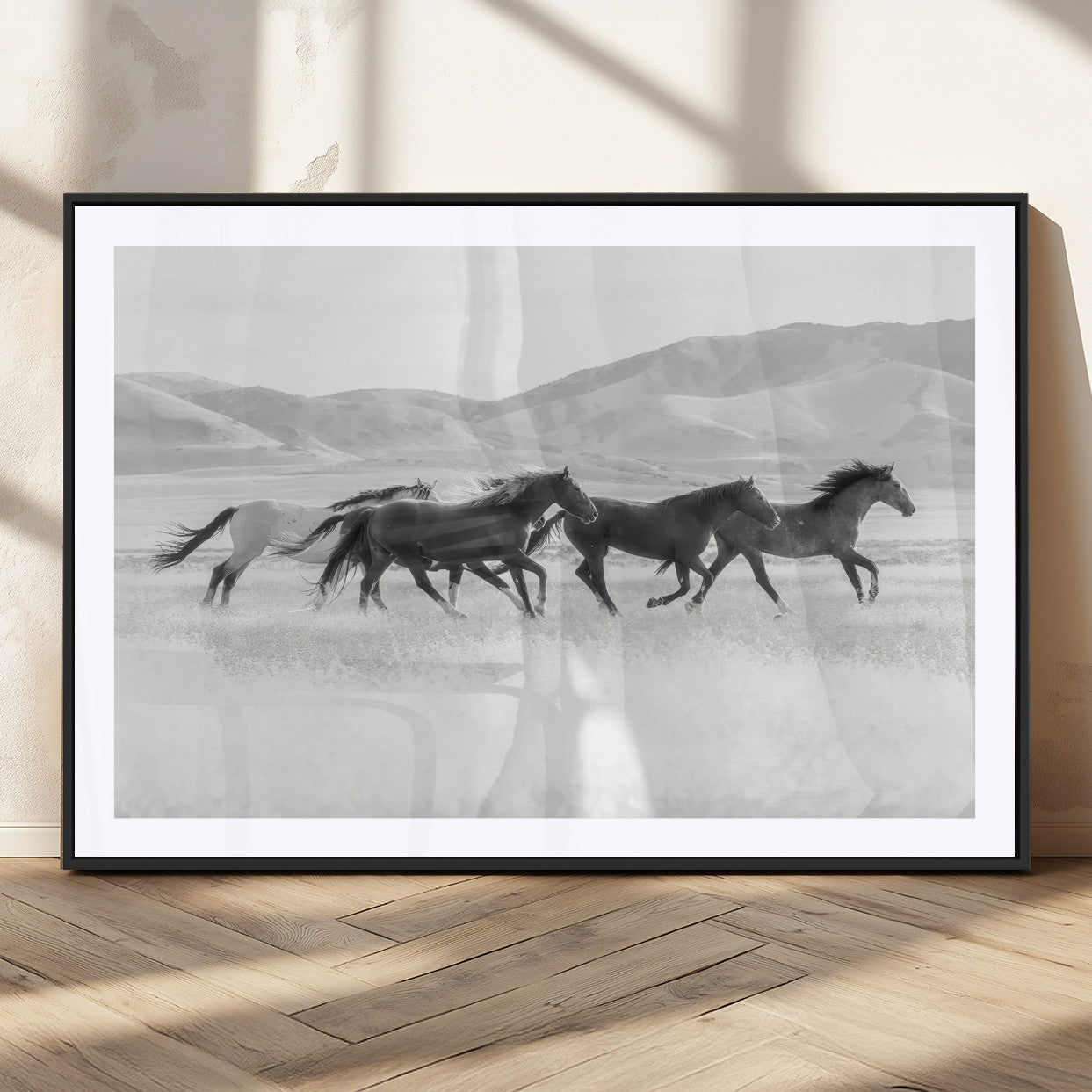 MGC-FP-36x24 - Wild Horses Wall Art – Black & White Canvas Print of Herd Running, Nature in Motion, Freedom & Beauty Decor for Guest Room, Office or Living Room