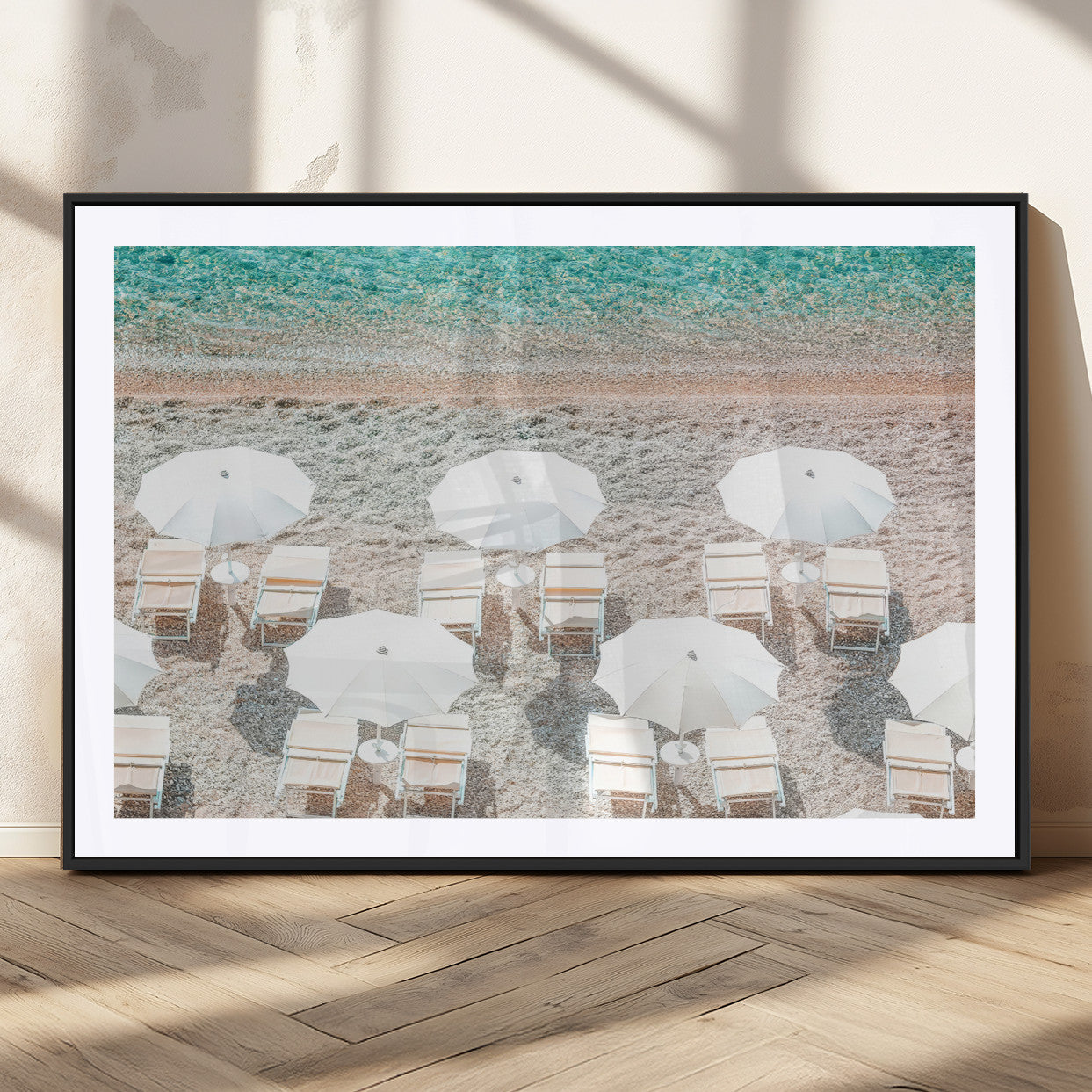 MGC-FP-36x24 - Calm Beach Wall Art Canvas Print, Framed Turquoise Water Art Picture Print, Umbrella Shoreline Perfect Coastal Minimalist Decor Artwork