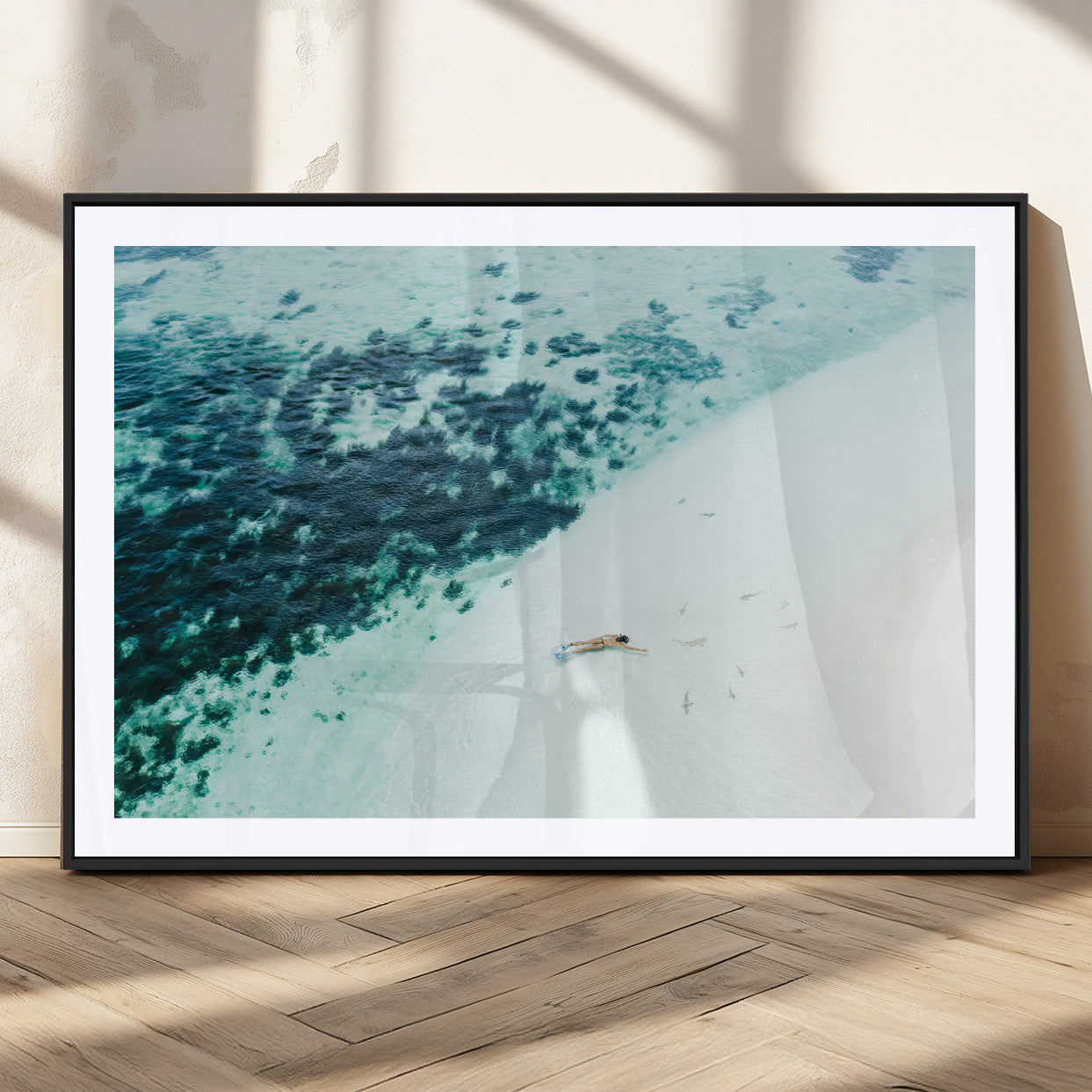 33764764-MGC-FP-36x24_Black-Minimal Beach Wall Art – Framed Ocean Swimming Canvas Artwork, Clear Blue Sea Design, Modern Coastal Decor for Home, Office