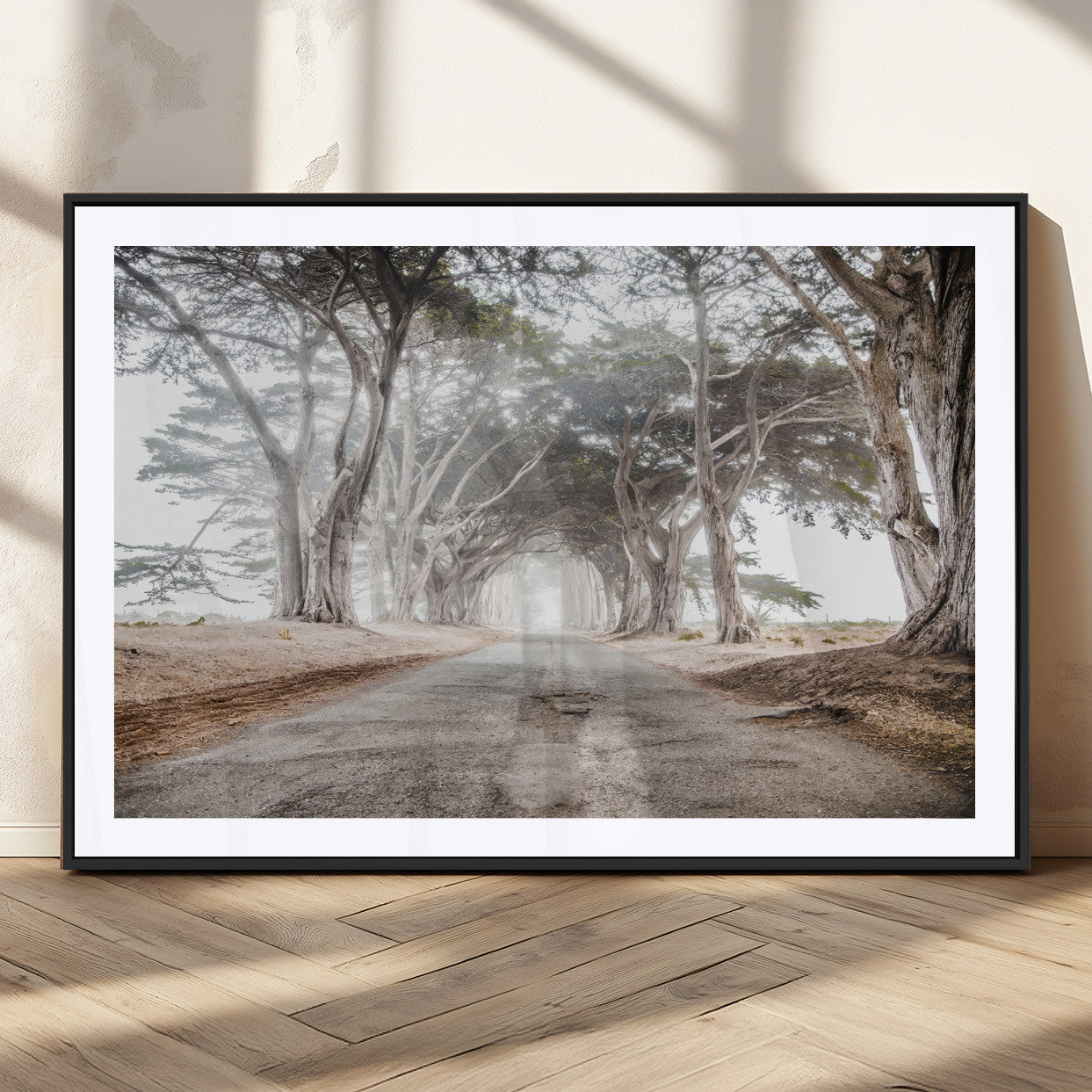 87090469-MGC-FP-36x24_Black-Cypress Tunnel Wall Art – Framed Misty Road Canvas Artwork, Foggy Trees Design, Rustic Woodland Nature Decor for Home, Office