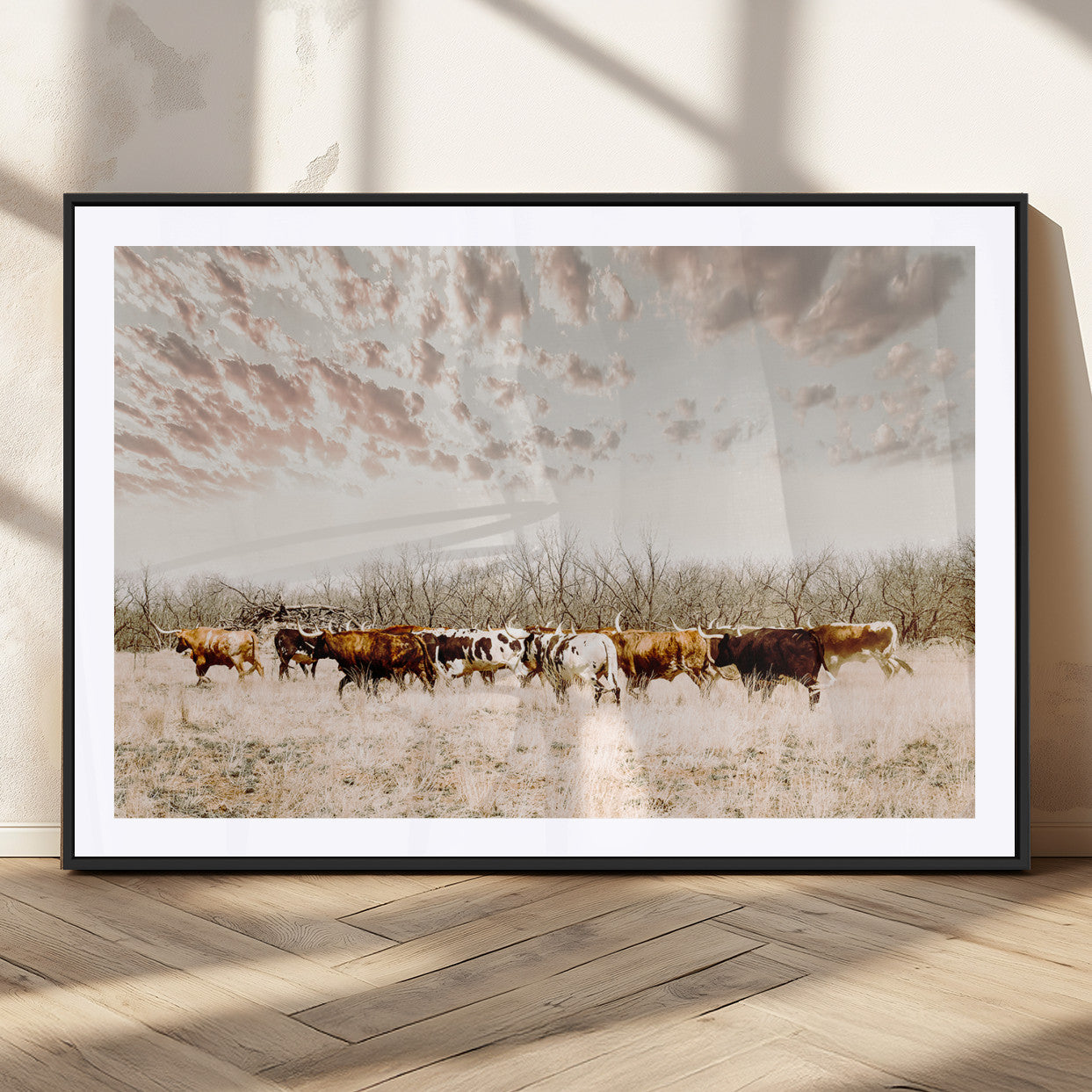 64892775-MGC-FP-36x24_Black-Longhorn Cattle Wall Art Canvas Print, Framed Texas Ranch Art Picture Print, Western Cow Perfect