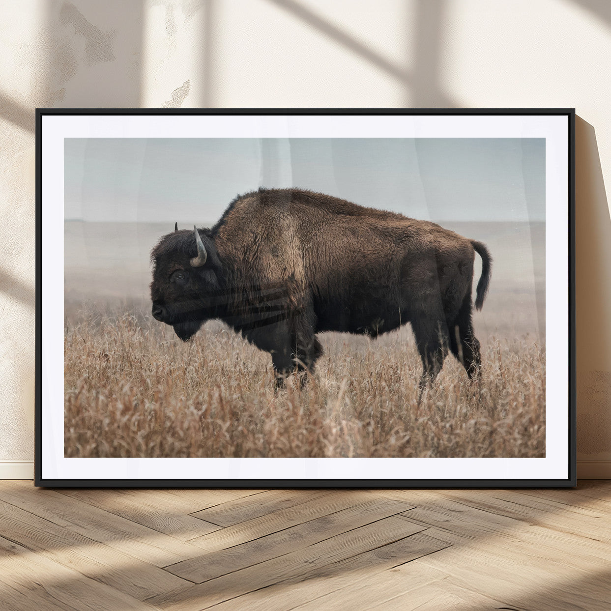 A lone bison stands in a vast prairie under a soft sky, evoking freedom and rustic charm for western or farmhouse inspired interiors.