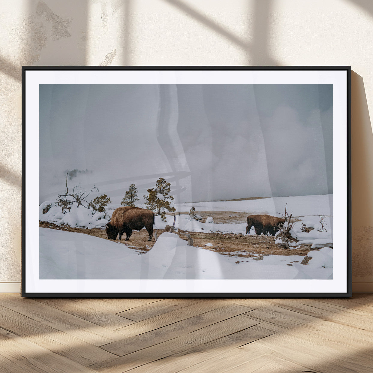 -Bison Wildlife Wall Art Canvas Print – Framed Snowy Prairie Western Rustic Nature Scene Artwork for Home Office