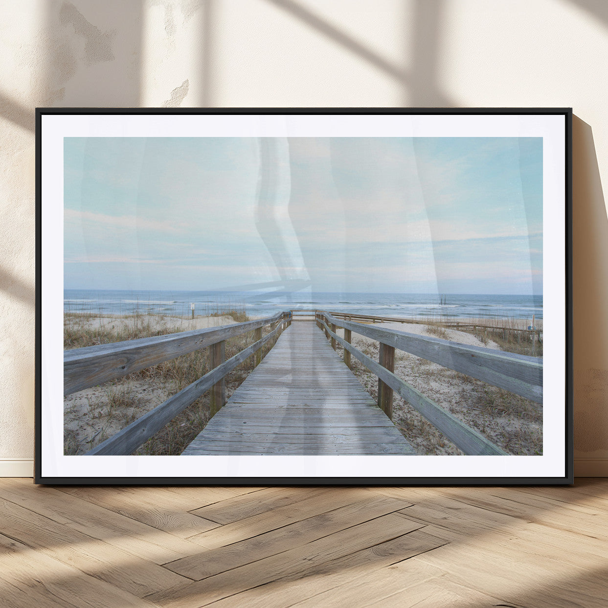 31602988-MGC-FP-36x24_Black-Beach Boardwalk Wall Art Canvas Print – Framed Coastal Serenity Ocean View Nature Scene Artwork for Home Office