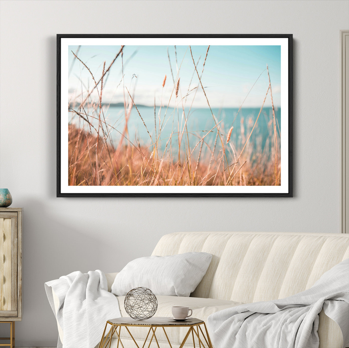 36108696-MGC-FP-36x24-Coastal Grass Landscape Wall Art Canvas Print – Golden Shoreline Nature Scene Serene Ocean View Artwork for Home Office