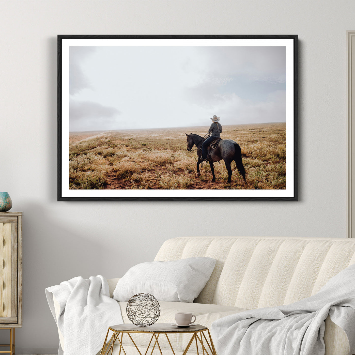 57597730-MGC-FP-36x24-Cowboy Wall Art Canvas Print – Framed Western Rustic Ranch Scene Country Landscape Artwork for Home Office