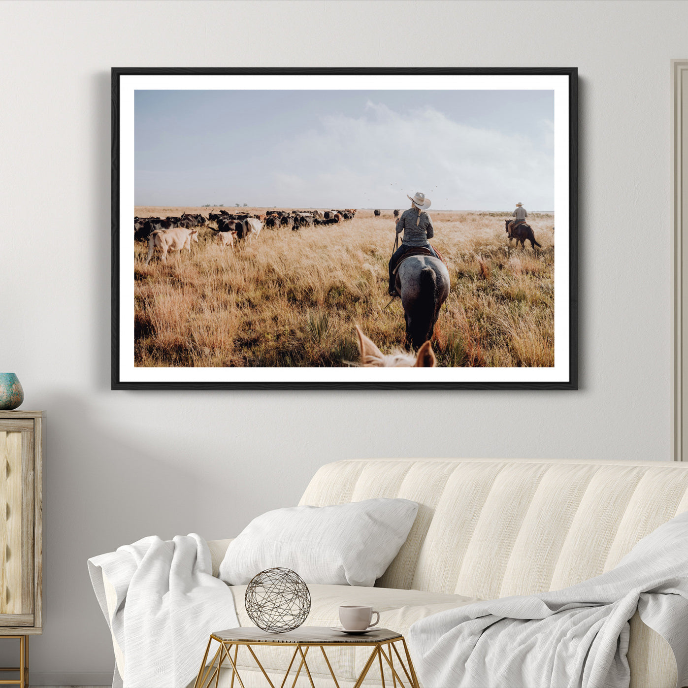 22431577-MGC-FP-36x24-Western Wall Art Canvas Print – Framed Cowboy Cattle Drive Scene Rustic Ranch Landscape Artwork for Home Office