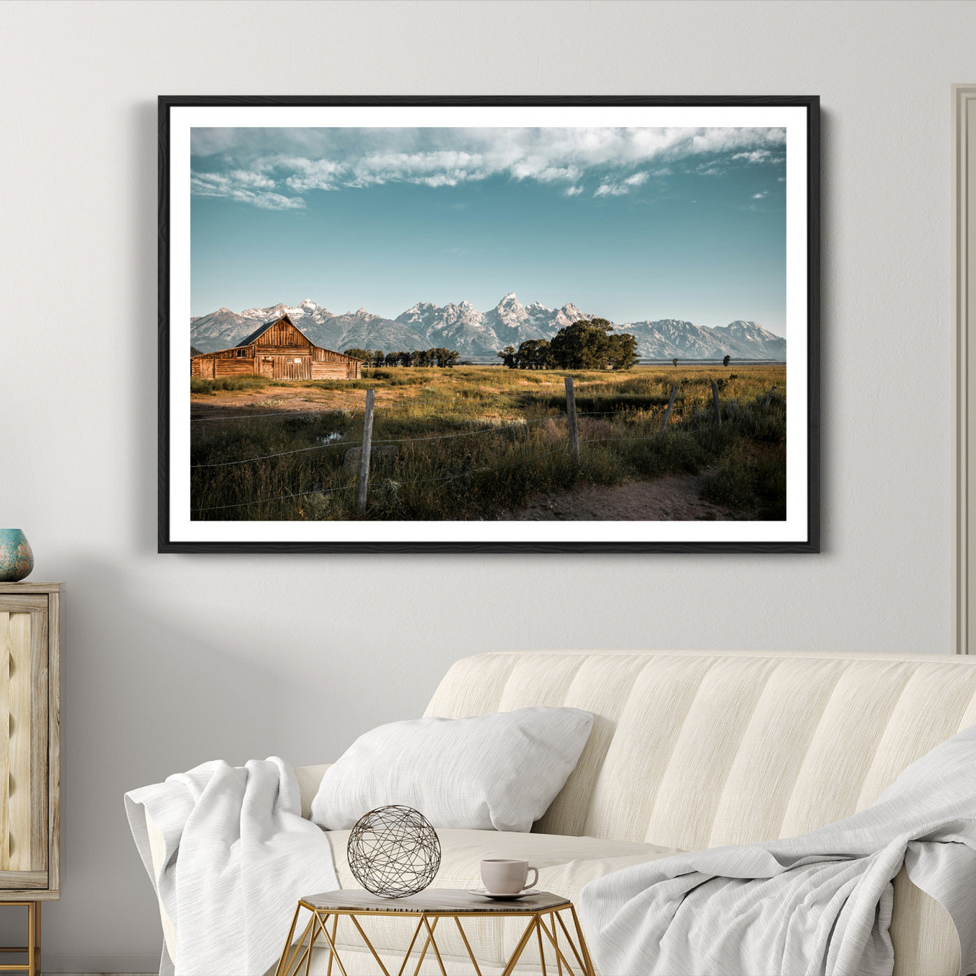 92497443-MGC-FP-36x24-Rustic Farmhouse Wall Art Canvas Print – Framed Mountain Cabin Western Landscape Scene Artwork for Home Office