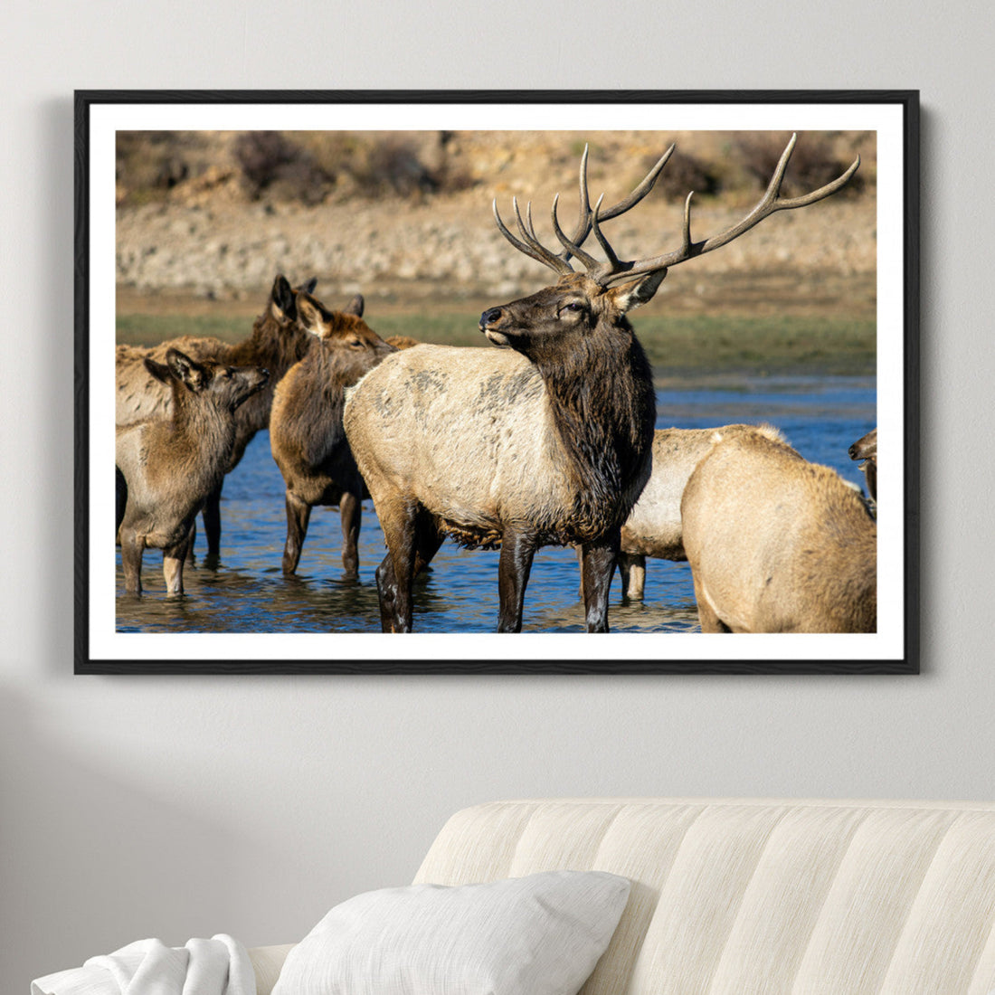 Wild Elk Wall Art Canvas Print, Framed Neutral Wildlife Rustic Forest Scene