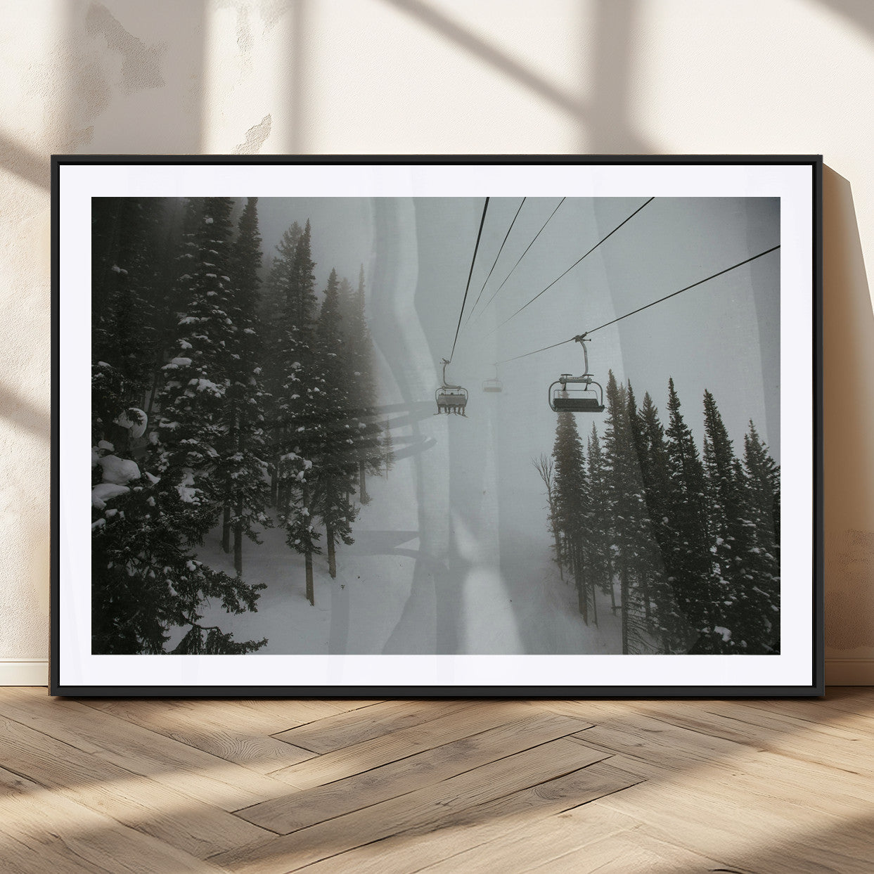 87018452-MGV-CV-36X24-Ski Lift Wall Art Canvas Print – Snowy Pines Misty Landscape Winter Serenity Artwork for Home, Office Decor