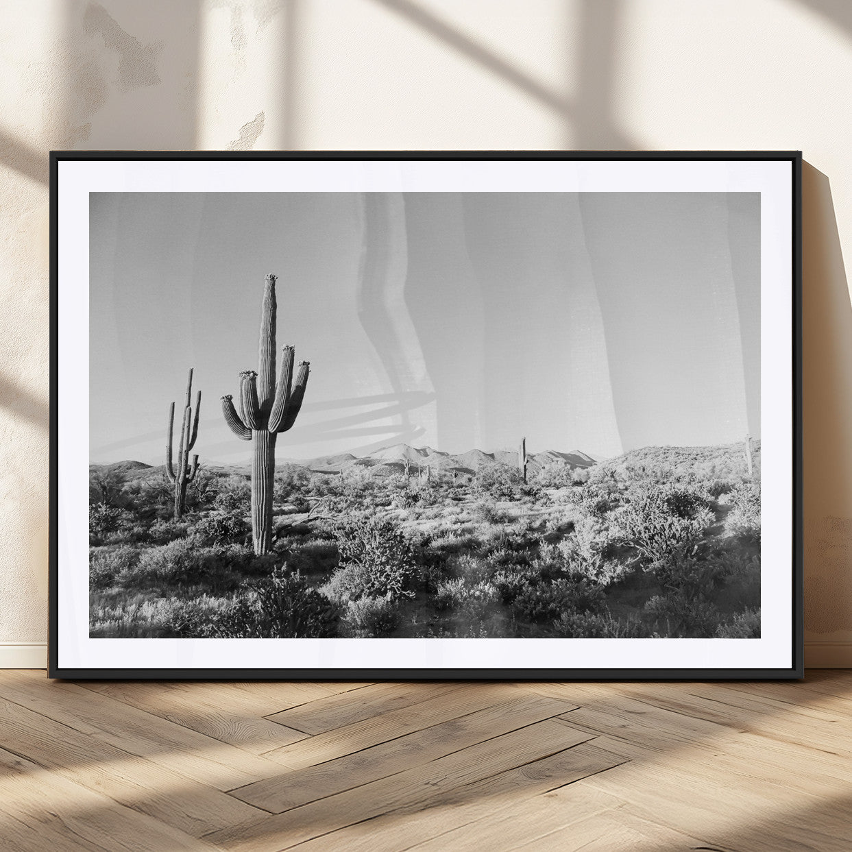 85205054-MGC-FP-36x24_Black-Saguaro Cactus Wall Art Canvas Print – Framed Monochrome Landscape Scenic Arizona Minimalist Western Artwork for Home, Office