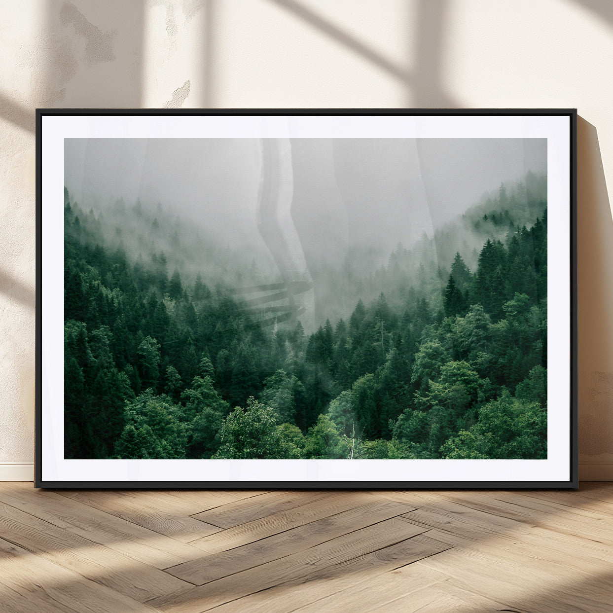 45265379-MGV-CV-36X24-Misty Green Forest Canvas Print – Framed Serene Foggy Pine Landscape Tranquil Nature Wall Art for Home, Office