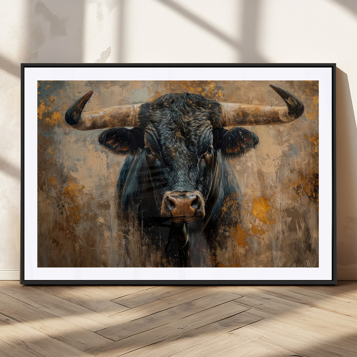 91615410-MGV-CV-36X24 - Abstract Texas Longhorn Bull Wall Art – Rustic Farmhouse Canvas Print, Western Cabin Style Decor, Large Animal Artwork for Living Room or Office