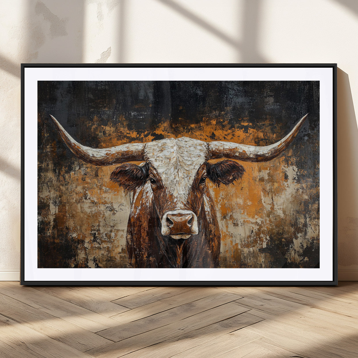 25265572-MGV-CV-36X24-Rustic Longhorn Bull Wall Art Canvas Print – Vintage Western Cattle Scene, Texas Steer Artwork for Home, Office