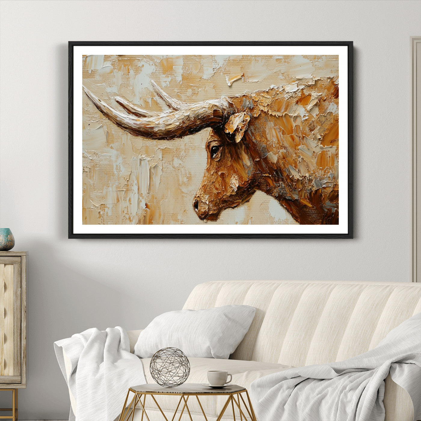 69611428-MGC-FP-40x30-Rustic Longhorn Bull Wall Art Canvas Print – Vintage Western Cattle Texas Steer Scene Artwork for home, office