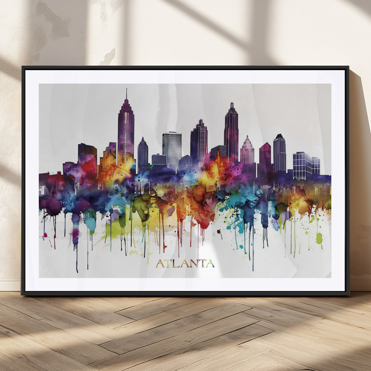 36048320-MGV-CV-36X24-Atlanta Skyline Wall Art Canvas Print – Framed Colorful Watercolor Cityscape Abstract Urban Artwork for Home, Office