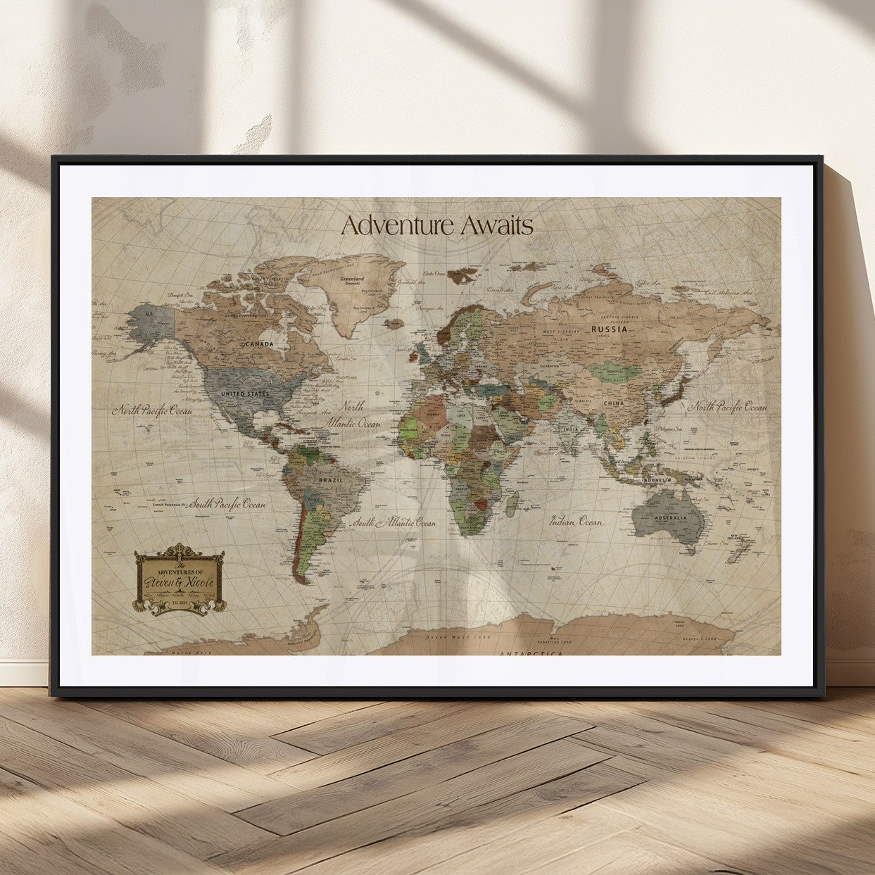 33020399-MGC-FP-36x24_Black-Personalized World Map Canvas Print – Custom Push Pin Travel Tracker Map Anniversary Gift for Couples for Home, Office