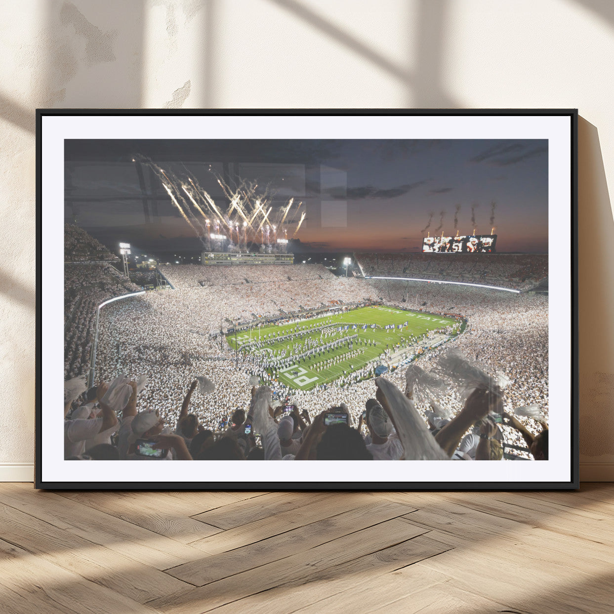 -Penn State Stadium Wall Art Canvas Print – White Out Football Game with Fireworks Framed Sports Stadium Artwork for Game Room