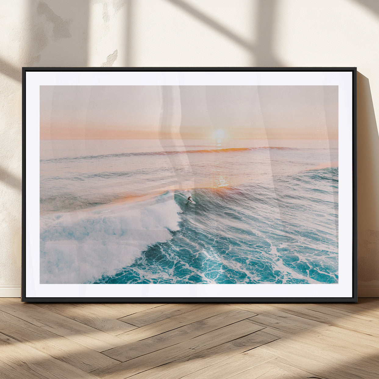 34064591-MGV-CV-36X24-Sunset Surfing Wall Art Canvas Print, Ocean Wave Surfer with Golden Sky Artwork for Home, Office, Living Room