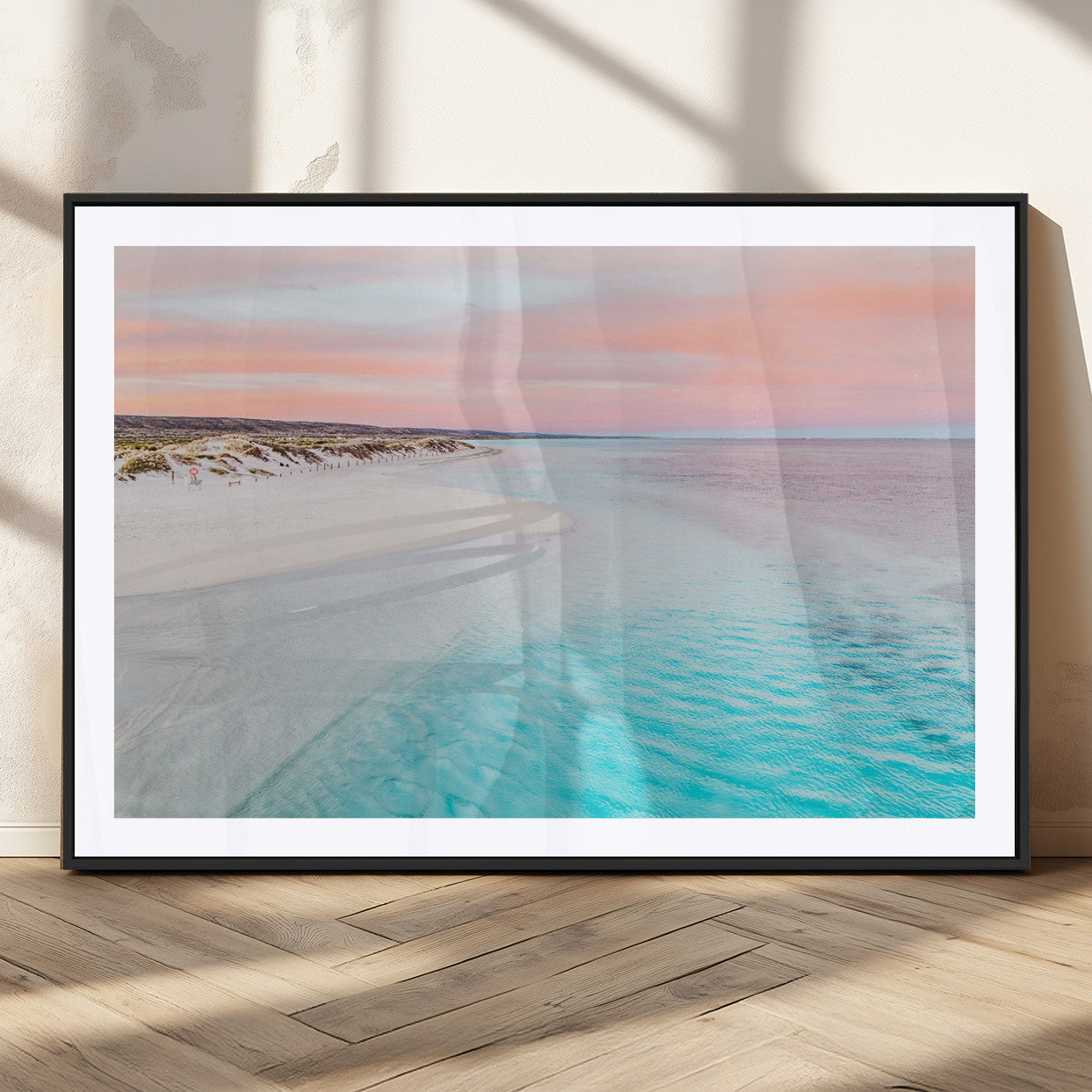 41613614-MGV-CV-36X24-Serene Pastel Beach Wall Art Canvas Print, Tranquil Coastal Sunset with Soft Ocean Hues Artwork for Home, Office