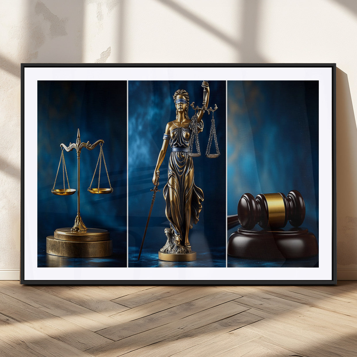 87750525-MGV-CV-36X24-Justice Scales Statue Wall Art, Lady Justice Sculpture Canvas Print, Legal Law Decor, Courtroom