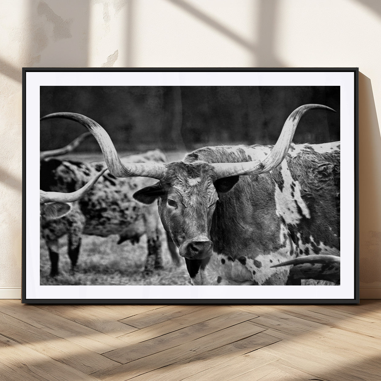 15425553-MGV-CV-36X24-Black & White Longhorn Cattle Wall Art Canvas Print, Rustic Farmhouse Western Design Artwork for Home, Office