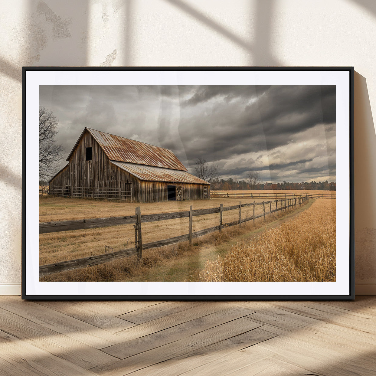 21991117-MGV-CV-36X24-Rustic Farm Barn Wall Art Canvas Print, Stormy Sky Country Landscape Artwork for Home, Office, Living Room