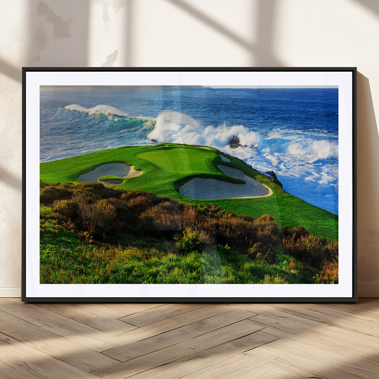 34181847-MGC-FP-36x24_Black-Coastal Golf Course Wall Art Canvas Print – Vibrant Green with Sand Bunkers Overlooking Ocean Waves Artwork for Home, Office