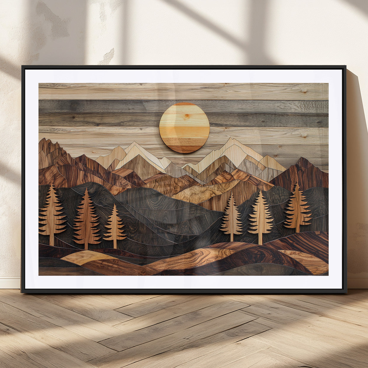 19832326-MGV-CV-36X24-Wooden Mountain Landscape Wall Art Canvas Print, Rustic Forest Pines and Sun Design Natural Warm Decor for Home, Office