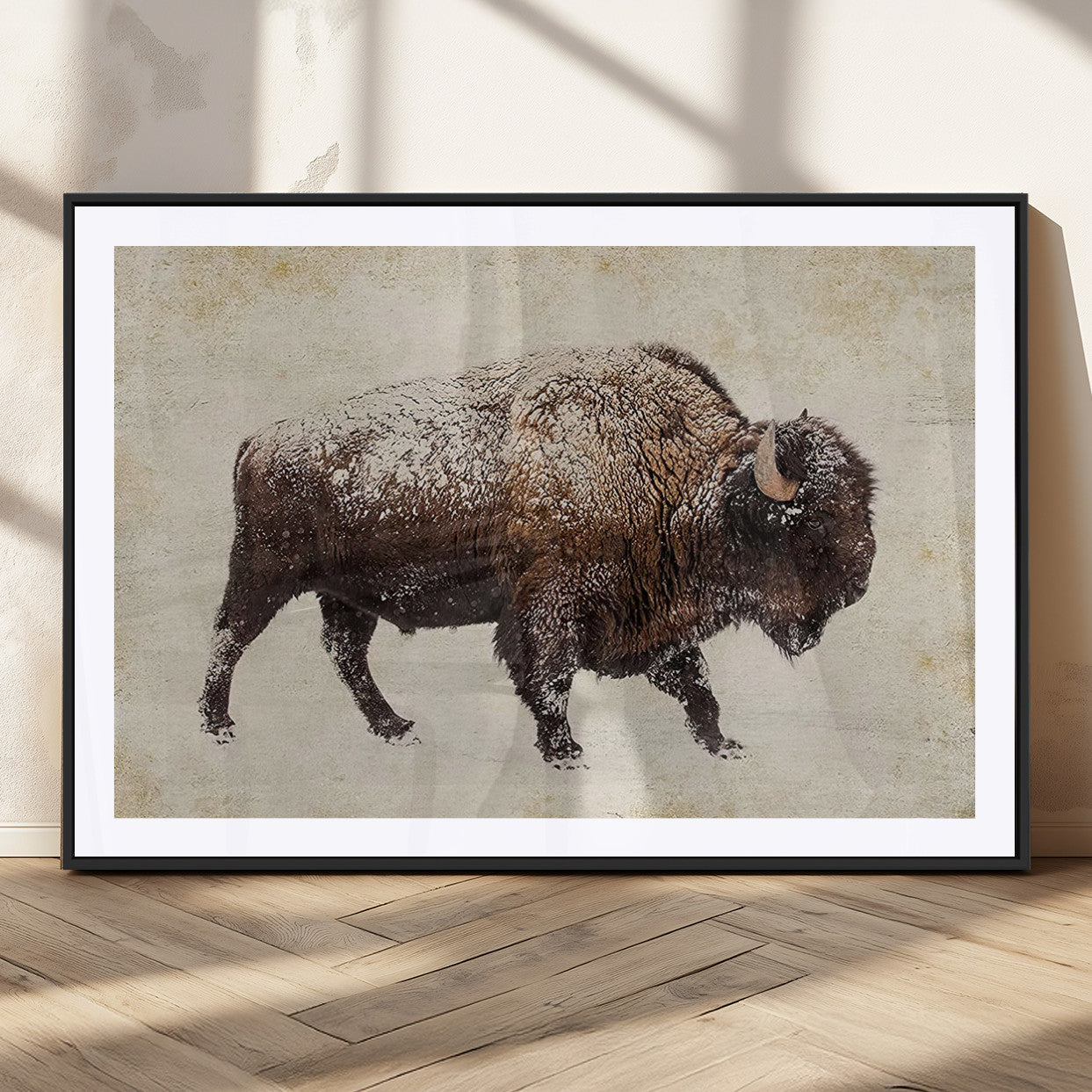 54810031-MGV-CV-36X24-Snow-dusted bison silhouette textured vintage style rugged wildlife art with neutral tones perfect for rustic home decor Wall Art Canvas Print design
