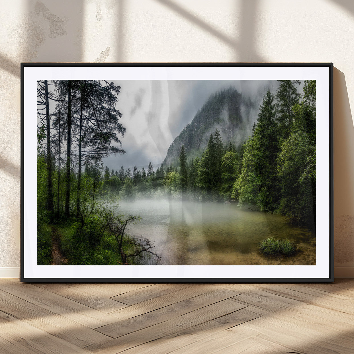 93123937-MGV-CV-36X24-Misty Lake Forest Green Trees Calm Water Reflection Mountain Fog Nature Landscape Outdoor Scenic Beauty Wall Art Canvas Print
