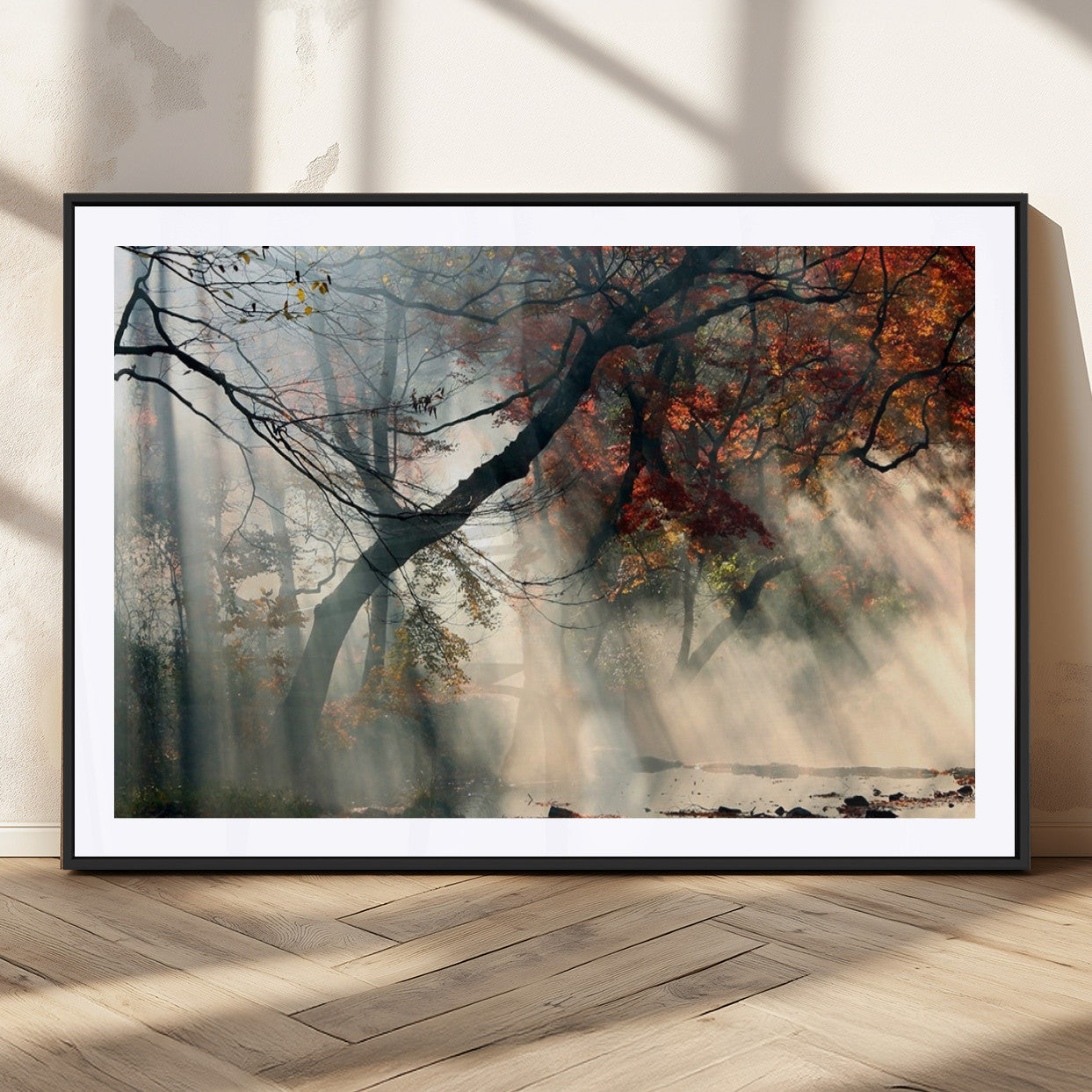36043878-MGV-CV-36X24-Sunlit Autumn Forest Mist Trees Rays Fog Nature Scenic Peaceful Tranquil Leaves Landscape Morning