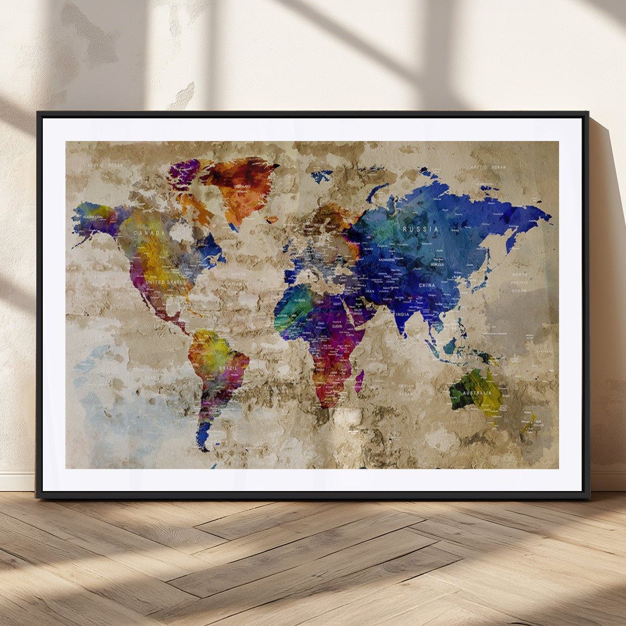 92939-MGC-FP-36x24_Black-Colorful World Map Canvas Wall Art – Abstract Watercolor Map Print, Modern Travel Decor for Home Office or Study