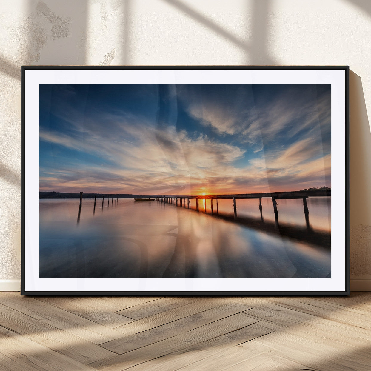 39967-MGC-FP-36x24_Black-Wooden Pier on Seascape and Sunset Wall Art Canvas Print