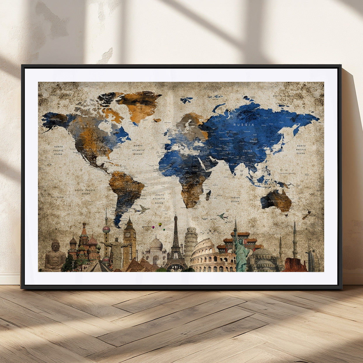 20261-MGC-FP-36x24_Black-World Map Canvas Print – Vintage Blue and Gold World Map Wall Art, Framed Travel Inspired Decor for Living Room or Office