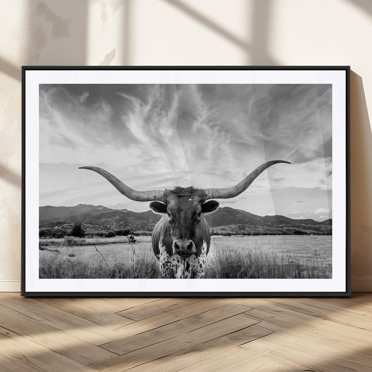 79527-MGC-FP-36x24_Black-Longhorn Black and White Wall Art – Rustic Western Bull Canvas Print, Farmhouse Country Decor for Living Room, Office or Ranch, Cowboy Wall Artwork