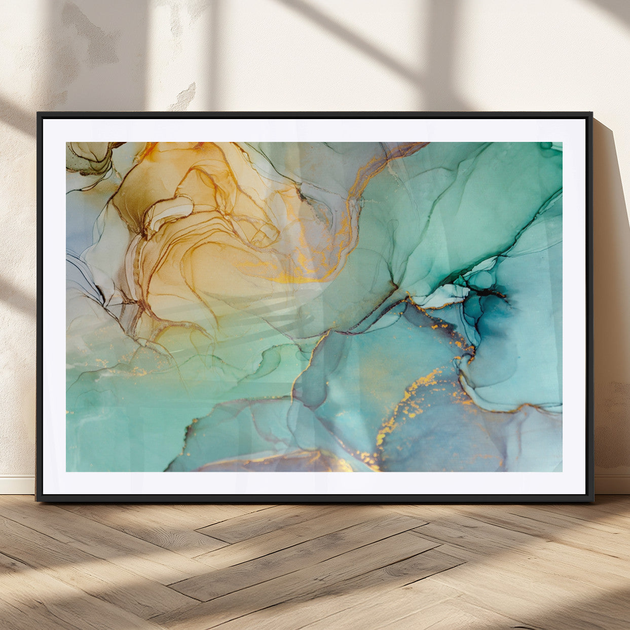 84233-MGC-FP-36x24_Black-Abstract Aqua and Gold Fluid Wall Art Canvas | 3 Panel Large Canvas Print for Living Room, Office,