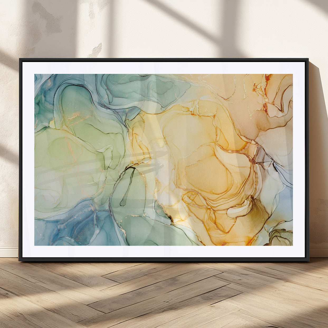 42195-MGC-FP-36x24_Black-Green and Yellow Marble Fluid Effect Wall Art, Green and Yellow Marble Canvas Wall Art Print